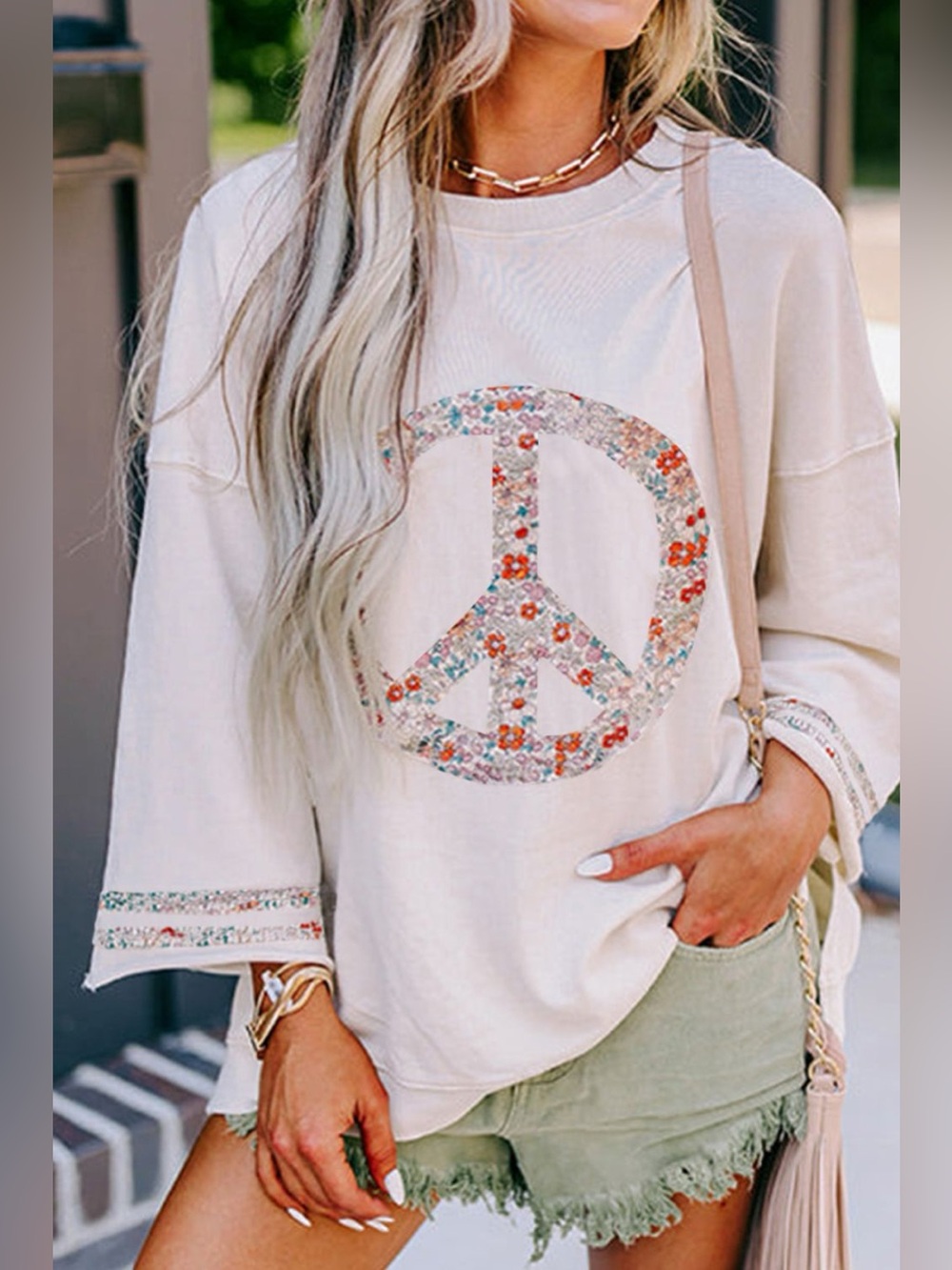 Peace Patch Round Neck Long Sleeve Top